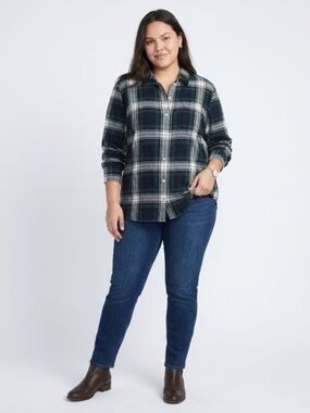 Tommy Hilfiger Women's Plaid Flannel Shirt Green Navy White Size L Cotton L/G